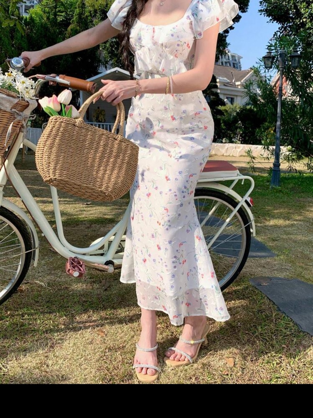 SHEIN White Floral Maxi Dress with Puff Sleeves